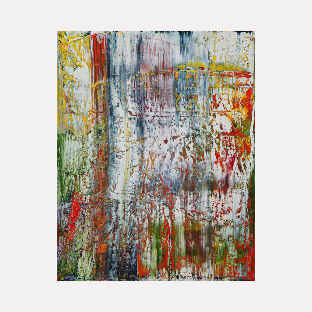 The artwork 'Abstract Seasons 2' by Harry Moody features a vibrant abstract composition with dynamic vertical streaks of red, green, yellow, and blue. The oil painting showcases a textured surface with dripping effects, creating a weathered, layered appearance reminiscent of changing seasons. The 60x48 inch canvas displays a harmonious blend of earthy and bright tones with distressed elements by Harry Moody.