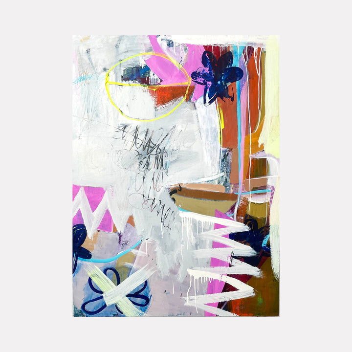 The artwork 'Cancel Culture' by Jodi Fuchs features an abstract composition with vibrant pink, blue, and yellow elements against a white background. Gestural brushstrokes and dripping paint create dynamic movement, while butterfly-like shapes and geometric zigzag patterns add visual interest. House paint and acrylic textures blend in an expressive contemporary style.