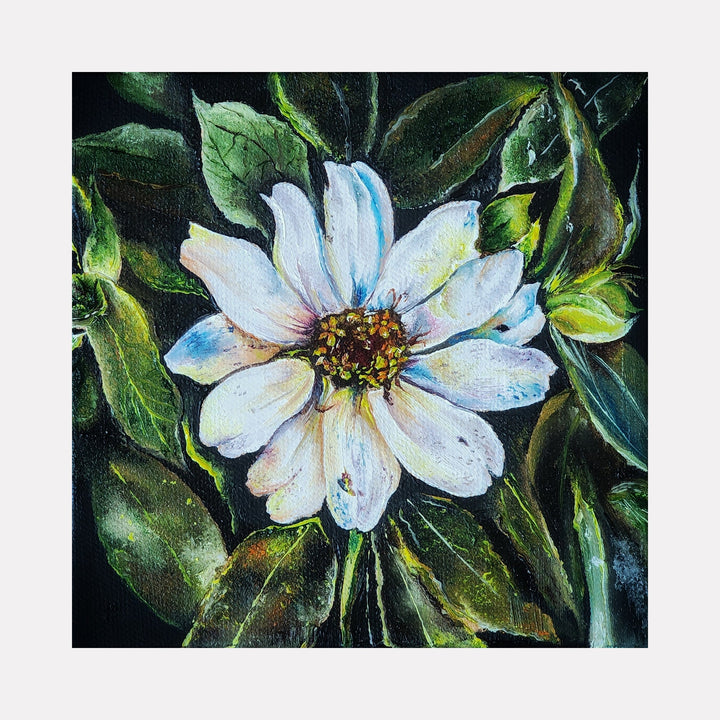 The artwork 'LACKA-DAISY-CAL' by Shweta Matai features a vibrant white daisy with delicate blue-tinted petals against a dark background. The flower is surrounded by lush green leaves, painted in oil on canvas with masterful brushstrokes capturing light and shadow. The realistic botanical study shows dewdrops on petals and intricate center details.