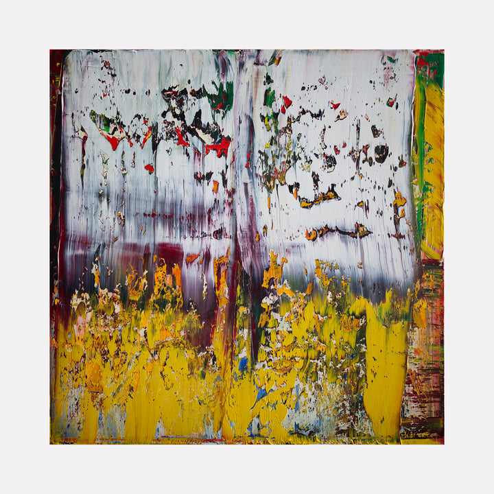 The artwork 'Organic Abstract 1' features dynamic drip painting technique with vibrant yellow base contrasting against white and purple streaks. Bold vertical strokes create a sense of movement, while splattered red and green accents add depth. The abstract composition showcases textural elements through layered oil paint on 36x36 canvas by Harry Moody.