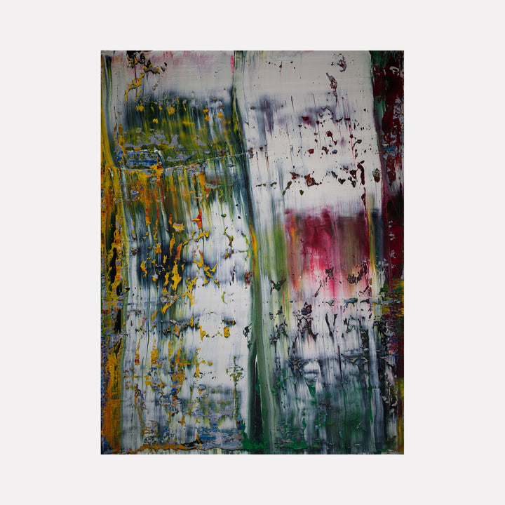 The artwork 'Organic Abstract 2' by Harry Moody features dynamic vertical brushstrokes in rich jewel tones, including emerald green, deep burgundy, and golden yellow, creating a dramatic abstract composition. Dripping paint techniques and textural elements suggest a rainfall effect, while contrasting light and dark areas add depth to this 36x48 oil painting on canvas.