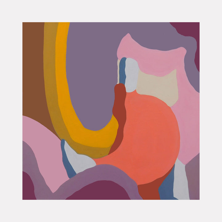 The artwork 'Sanguine' by Ellannah Sadkin features fluid organic shapes in a harmonious color palette of coral, mauve, pink, yellow, and blue. Bold curved forms create a dynamic abstract composition, with smooth transitions between colors. Acrylic on canvas, the 16x16 inch piece showcases contemporary abstract color interplay.