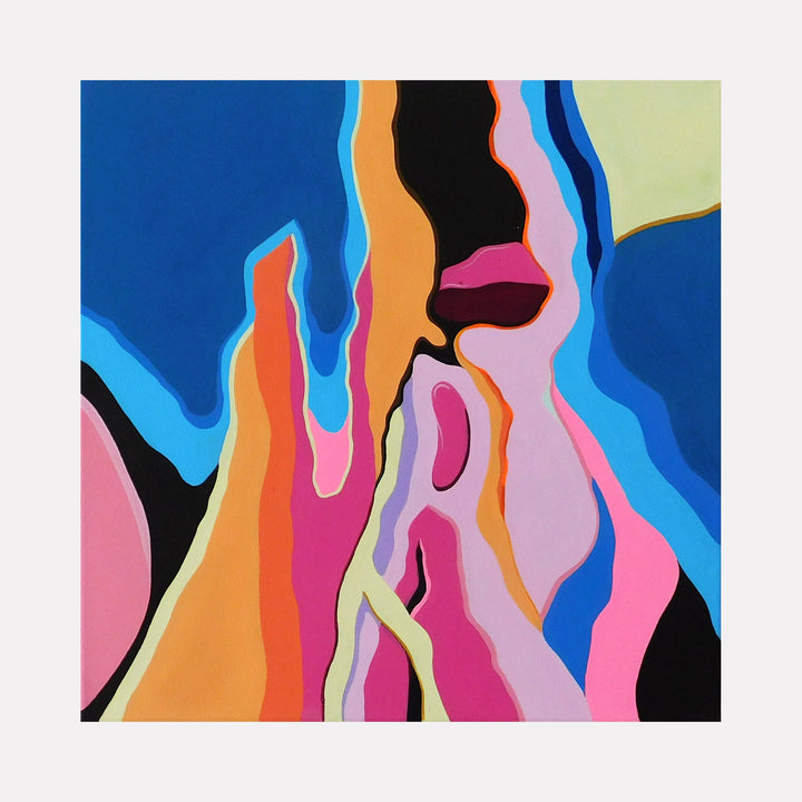 The artwork 'Sial' by Ellannah Sadkin features fluid, organic shapes in vibrant colors including electric blue, bright orange, hot pink, and lavender against a black background. The abstract landscape composition showcases flowing, wave-like forms creating a dynamic movement across the 16x16 inch acrylic canvas, embodying a contemporary psychedelic aesthetic.