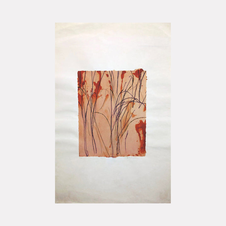 The artwork 'Untitled #151' by Betty Friedman features delicate black linear stems against a warm terracotta background on handmade paper. The intaglio print technique creates subtle texture, with graceful botanical forms emerging from abstract rust-colored washes, capturing a minimalist natural aesthetic. 30x20 inches by Betty Friedman.