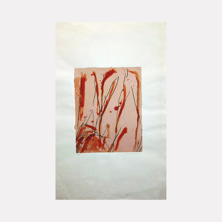 The artwork 'untitled #153' by Betty Friedman features dynamic red brushstrokes on a pale pink background, created through intaglio printing on handmade paper. Abstract linear elements suggest organic movement, with splashes and gestural marks creating a spontaneous, expressive composition. The contrast between bold crimson strokes and delicate paper texture adds depth and visual interest. By Betty Friedman.