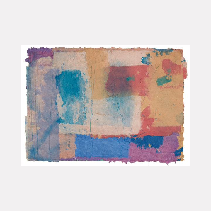 The artwork 'Untitled #201' by Betty Friedman features abstract color blocks in turquoise, coral pink, and deep blue on handmade paper. The intaglio technique creates a watercolor-like effect with soft edges and textural variations. Beige undertones provide a warm base, while purple accents add depth to the modern composition.