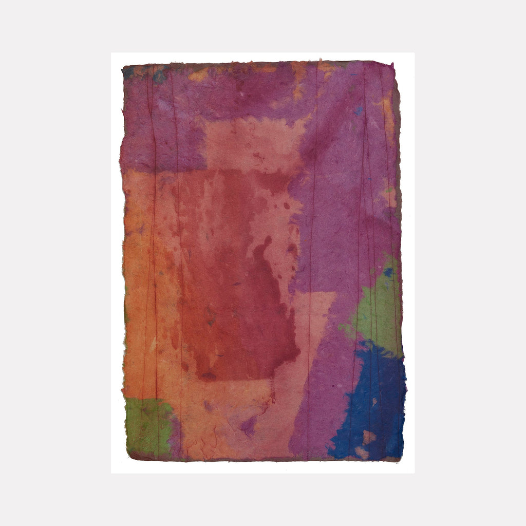 The artwork 'untitled #293' by Betty Friedman features abstract color fields blending rich burgundy, coral orange, deep purple, and touches of sage green and navy blue on handmade paper. The intaglio technique creates subtle textural variations and watercolor-like effects, with organic color transitions and delicate edges characteristic of handmade paper. - Betty Friedman