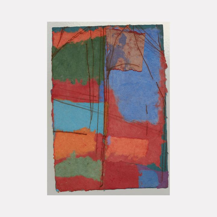 The artwork 'untitled #300' by Betty Friedman features an abstract intaglio composition on handmade paper, displaying bold geometric blocks in vibrant coral red, turquoise blue, forest green, and orange hues. Thin dark linear elements intersect the color fields, creating dynamic vertical movement. The textured edges and layered colors showcase the unique properties of the printmaking technique. - Betty Friedman