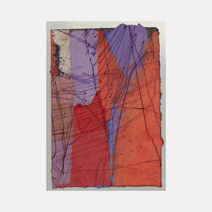 The artwork 'Untitled #301' by Betty Friedman features abstract composition with intersecting diagonal lines etched across vibrant purple and terracotta red sections. The intaglio print on handmade paper showcases dynamic scratched textures and contrasting color blocks, creating a sense of movement and depth through overlapping geometric patterns.