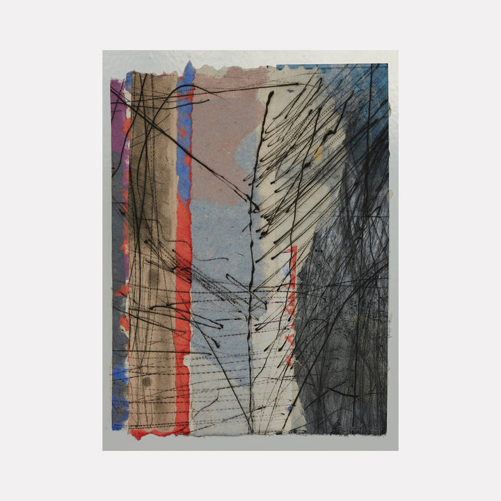 The artwork 'untitled #302' by Betty Friedman features dynamic abstract composition on handmade paper with bold vertical stripes in red and blue, intersected by energetic black linear marks. The intaglio technique creates textural depth, with gestural strokes against muted gray and beige background. By Betty Friedman.