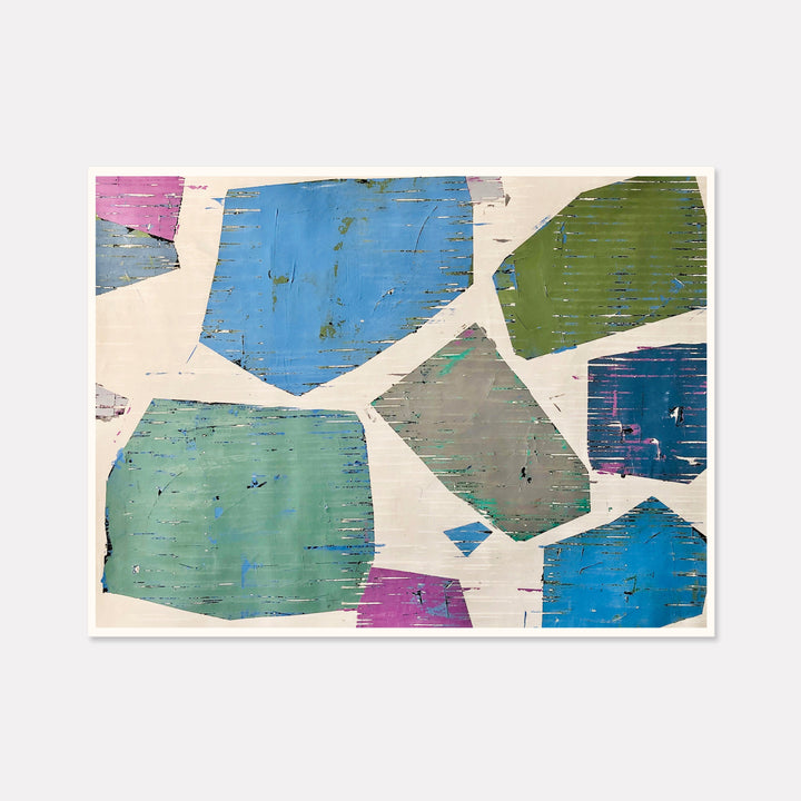 The artwork 'Chards' by Shira Toren features an abstract geometric composition with irregular shapes in vibrant blue, mint green, gray, and magenta tones against a cream background. The textured, weathered appearance suggests a distressed or vintage aesthetic, with rough edges and scratched surfaces creating a mosaic-like pattern. 36x48 inches print by Shira Toren.