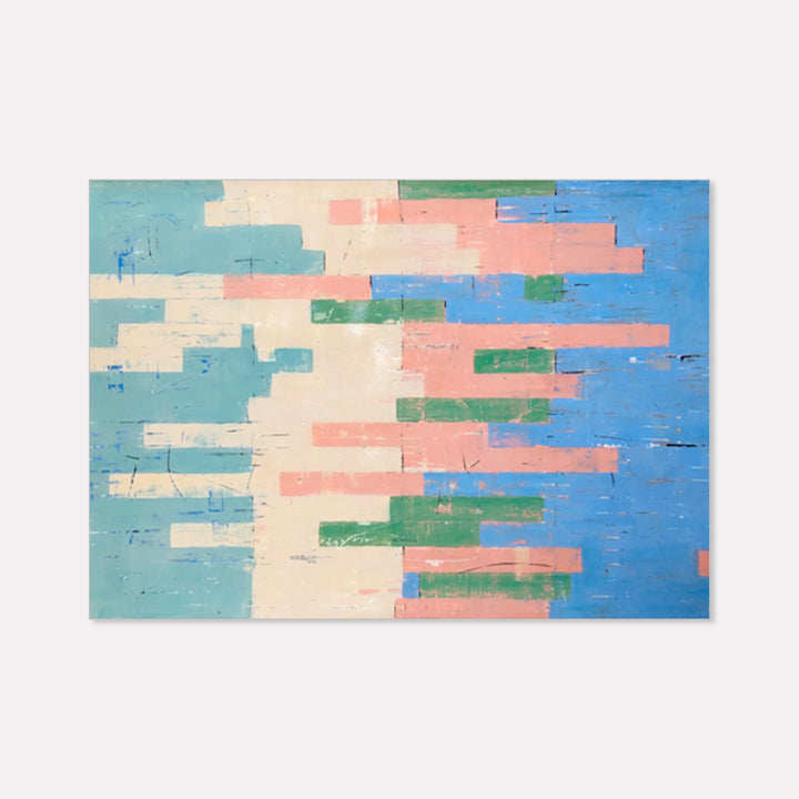 The artwork 'Integration' by Shira Toren features an abstract composition of horizontal rectangular blocks in soft pastel colors. Turquoise, salmon pink, and royal blue sections are interspersed with cream-colored spaces and accents of sage green, creating a rhythmic pattern across the 36x48 inch canvas. The textured surface suggests mixed media techniques, with a weathered, painterly quality.