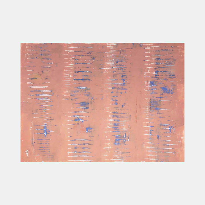 The artwork 'Milk and Honey' by Shira Toren features a peachy-pink background with vertical streaks of soft blue marks scattered across the surface. The composition creates a rhythmic pattern reminiscent of rainfall or musical notation, with delicate horizontal lines adding texture and depth to the 36x48 inch print.