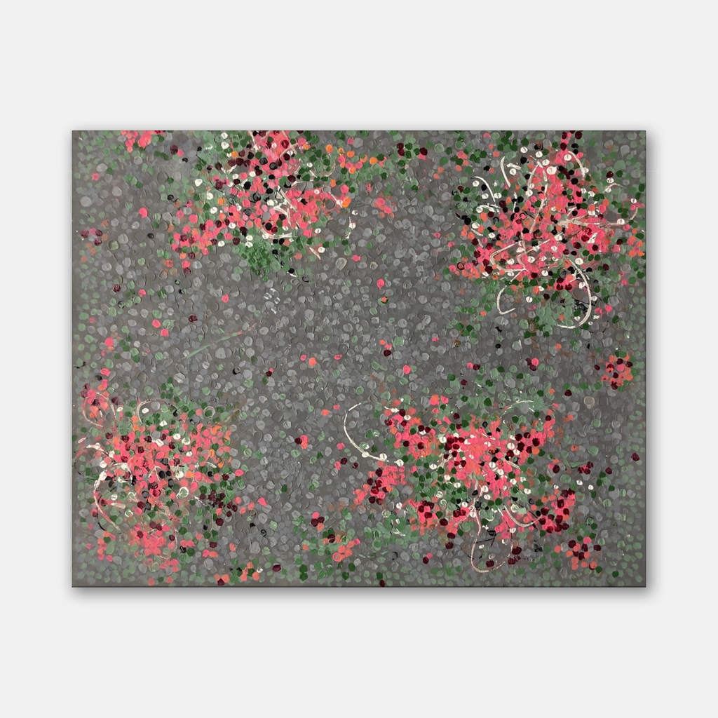 The artwork 'Desert Bloom' by Shira Toren features a mesmerizing abstract composition with clusters of coral pink and sage green dots scattered across a textured gray background. The delicate floral-like patterns create an organic, floating effect reminiscent of desert wildflowers in bloom. 24x30 inches print showcases a contemporary impressionist style.