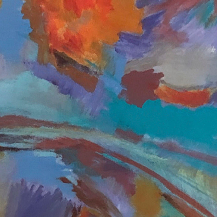 The artwork 'Burnt Orange' by Beth Barry features vibrant abstract brushstrokes in rich turquoise, purple, and burnt orange hues. Dynamic sweeping motions create a sense of movement across the canvas, with bold color transitions and expressive acrylic techniques. The composition suggests an ethereal landscape with flowing forms and atmospheric depth. Original acrylic painting on 20x16 inch canvas by Beth Barry.