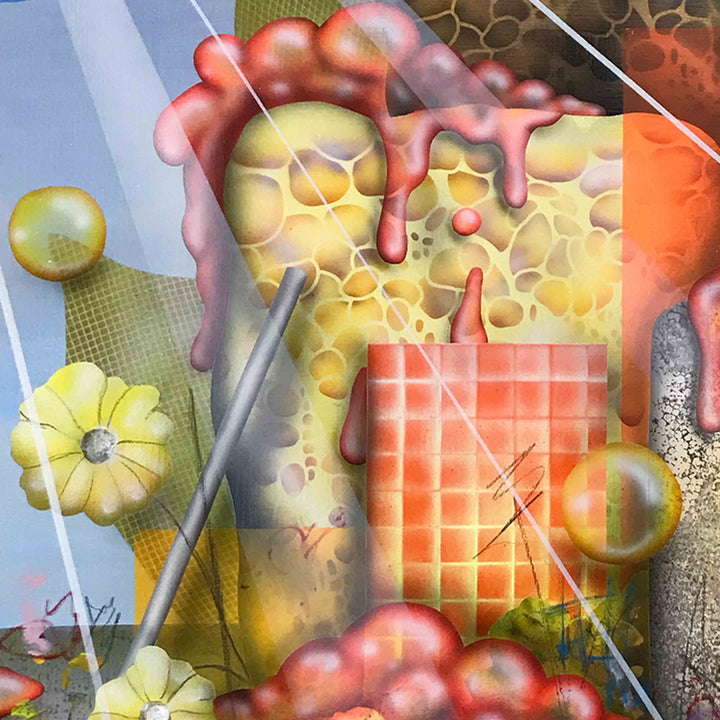 The artwork 'Centerpiece of a Terrible Architect' features a surreal composition with geometric shapes and organic forms. Coral-pink drips cascade over a yellow textured background, while metallic rods intersect a salmon-colored grid pattern. Yellow daisy-like flowers and spherical orbs float in a dreamy blue-tinted space. Acrylic painting by Jon Duff.