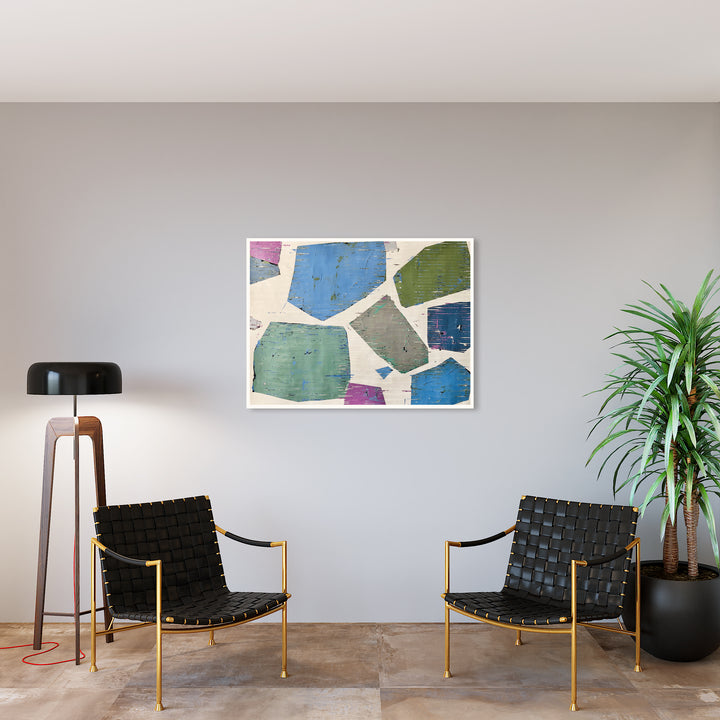 The artwork 'Chards' by Shira Toren features an abstract composition of irregular geometric shapes in varying shades of blue, green, and pink against a white background. Created with Venetian plaster pigment on canvas, the textured fragments resemble broken ceramic pieces arranged in a mosaic-like pattern, displaying a weathered, organic quality that adds depth and dimension to the 36x48 inch piece.