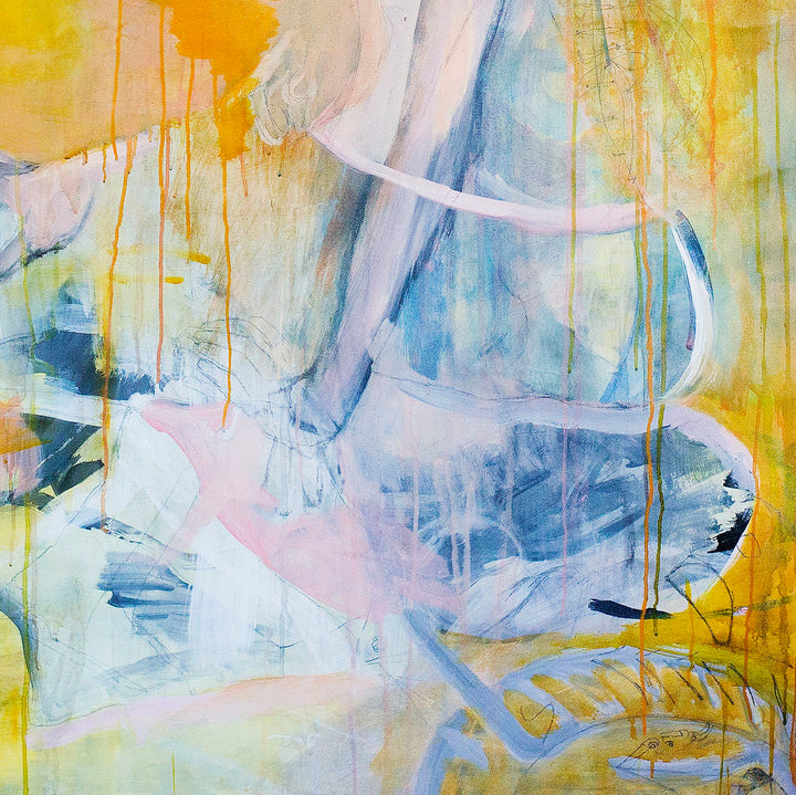 The artwork 'Cheryl' by Lauren Orscheln features ethereal abstract brushstrokes in soft pastels, combining yellow ochre, powder blue, and blush pink. Dynamic drips and fluid movement create an atmospheric composition, with sweeping gestural marks in acrylic and subtle graphite details on canvas, measuring 60x48 inches. - Lauren Orscheln