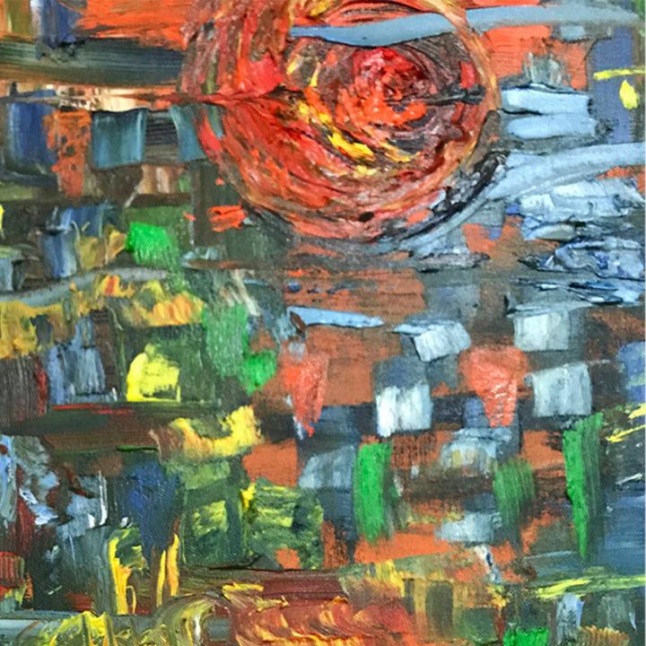 The artwork 'Cityscape II' by Rita BasuMallick features a vibrant abstract urban landscape with bold impasto brushstrokes. A fiery orange-red circular form dominates the upper portion, suggesting a setting sun or moon over geometric blocks of green, blue, yellow, and coral colors that evoke buildings and city lights. The textured oil painting captures the dynamic energy of a modern metropolis through expressive color composition.