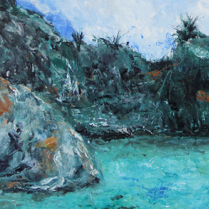 The artwork 'Coast Landscape' by Jadie Meprivert depicts a dramatic coastal scene with rugged turquoise cliffs rising from vibrant azure waters. The oil painting features expressive brushstrokes creating textured rocky formations, lush vegetation atop the cliffs, and a serene lagoon-like water body. The composition balances deep emerald greens with bright aqua tones against a light blue sky.