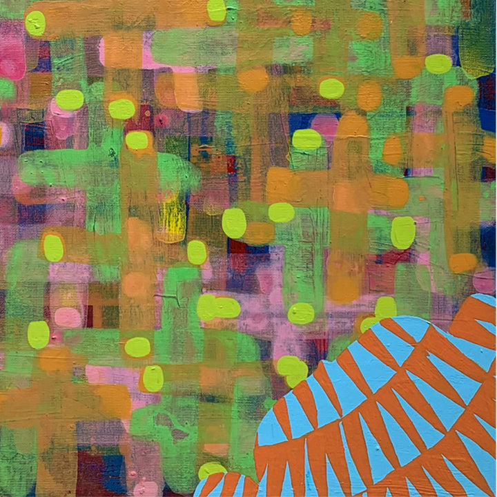 The artwork 'Composition No. 176' by Raul Ortiz features vibrant abstract patterns with luminous yellow-green dots scattered across a textured background of olive, orange, and pink brushstrokes. A striking geometric fan-like shape in bright blue and terracotta orange anchors the lower right corner. The acrylic on linen painting combines playful modern elements with rich, layered textures. By Raul Ortiz.