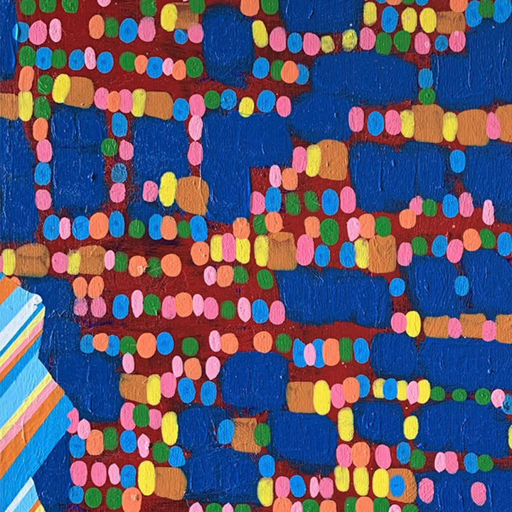 The artwork 'Composition No. 180' by Raul Ortiz features vibrant circular dots arranged in rhythmic patterns against a deep cobalt blue background. Warm brown, pink, yellow, and light blue dots create meandering pathways across the canvas, reminiscent of abstract city lights or musical notes. The 18x18 inch acrylic on linen painting showcases a playful geometric abstraction with a striking color palette.