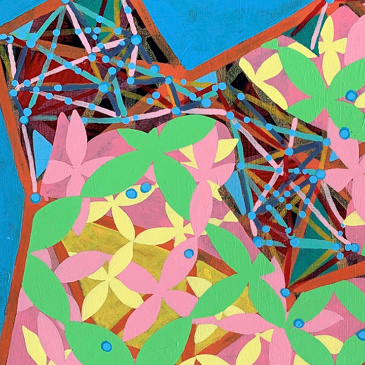 The artwork 'Composition No. 183' by Raul Ortiz features a vibrant abstract design with interconnected geometric shapes and floral motifs. Pink and yellow flower-like patterns blend with bright green leaves against a turquoise background. A network of red and blue linear structures with small circular nodes creates an intricate lattice overlay, combining organic and geometric elements in acrylic on linen.