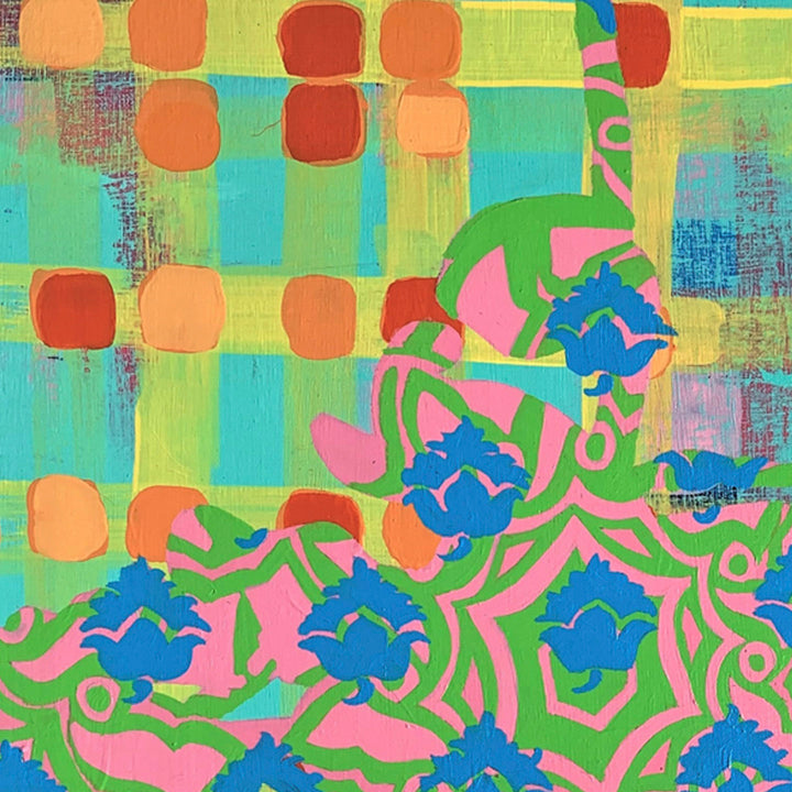 The artwork 'Composition No. 190' by Raul Ortiz features vibrant coral-orange squares arranged in a grid pattern against alternating stripes of lime green and turquoise. A dynamic floral motif in electric blue and hot pink sweeps across the lower right corner, creating an energetic contrast. The acrylic on linen painting combines geometric and organic forms in a contemporary abstract style.