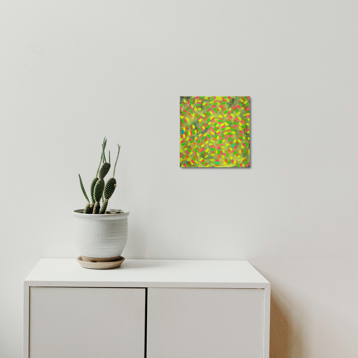 The artwork 'Composition No. 230' by Raul Ortiz features vibrant abstract pointillism with yellow, green, and pink dots creating a dynamic pattern on linen canvas. The 12x12 inch acrylic painting displays an energetic, scattered arrangement of colorful dots against a warm background, showcasing a modern impressionistic style of contemporary abstract art by Raul Ortiz.