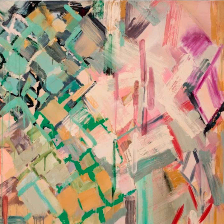 The artwork 'Confluence' by Molly Herman features dynamic abstract brushstrokes in vibrant turquoise, pink, and peach tones. Bold diagonal compositions divide the canvas, with energetic gestural marks creating a sense of movement. The oil painting showcases textural elements through layered paint application, blending geometric and organic forms in a contemporary expressionist style. By Molly Herman.