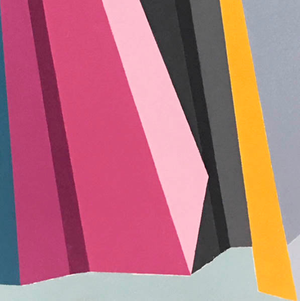 The artwork 'Continuous Reception' by Kati Vilim features bold geometric abstractions with diagonal lines in vibrant pink, soft rose, deep black, and golden yellow stripes against a cool grey background. The composition creates a dynamic interplay of angular shapes and color blocks in a contemporary minimalist style, painted in oil on canvas panel.