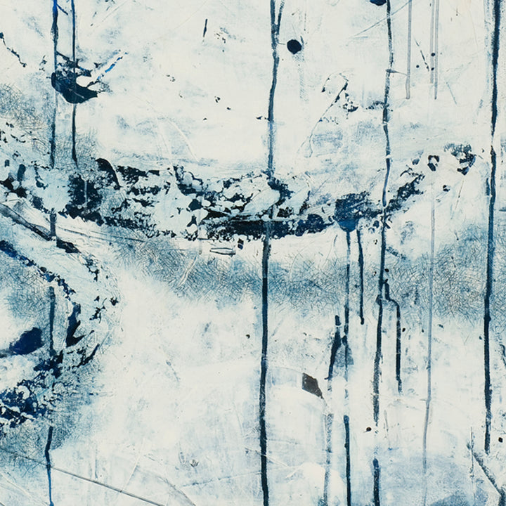 The artwork 'Conversation in Blue' by Shira Toren features ethereal vertical drips and organic textures in varying shades of blue and white. Created with Venetian plaster and pigment, the abstract composition evokes a sense of flowing water or winter landscapes through its textural depth and deliberate paint trails against a misty background. By Shira Toren.