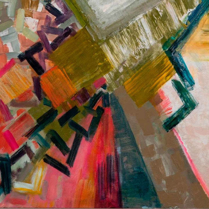 The artwork 'Delaunay Diamond' features bold geometric abstractions with intersecting angular shapes in vibrant colors. Dynamic brushstrokes create a composition of pink, teal, mustard yellow, and deep purple segments. The oil on linen painting showcases an energetic interplay of sharp lines and textured paint application, reminiscent of cubist style. By Molly Herman.