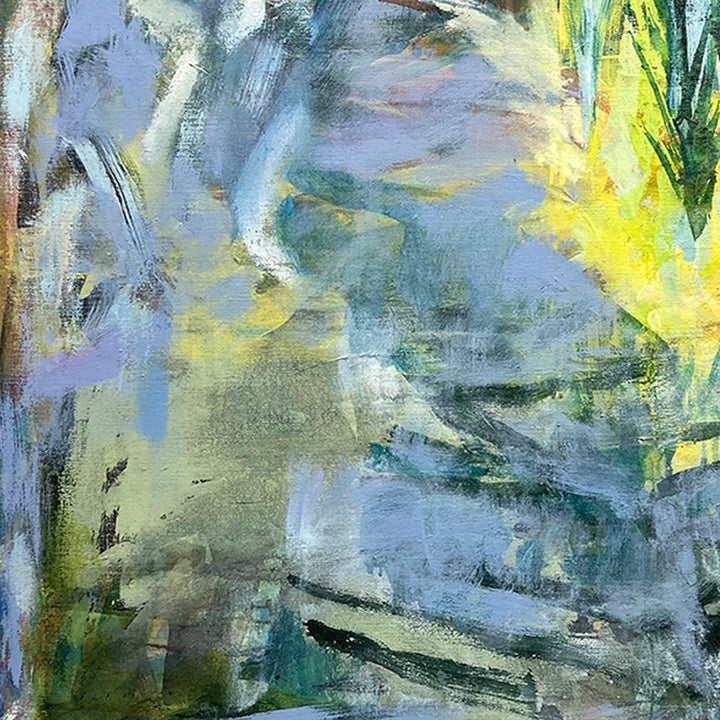 The artwork 'Deluge' by Molly Herman features dynamic brushstrokes in ethereal blues, yellows, and greens. Abstract expressionist composition showcases sweeping gestures and layered textures, suggesting movement through misty atmospheres. Oil on linen painting creates depth through translucent washes and bold accents of vibrant yellow against cool blue tones. By Molly Herman.