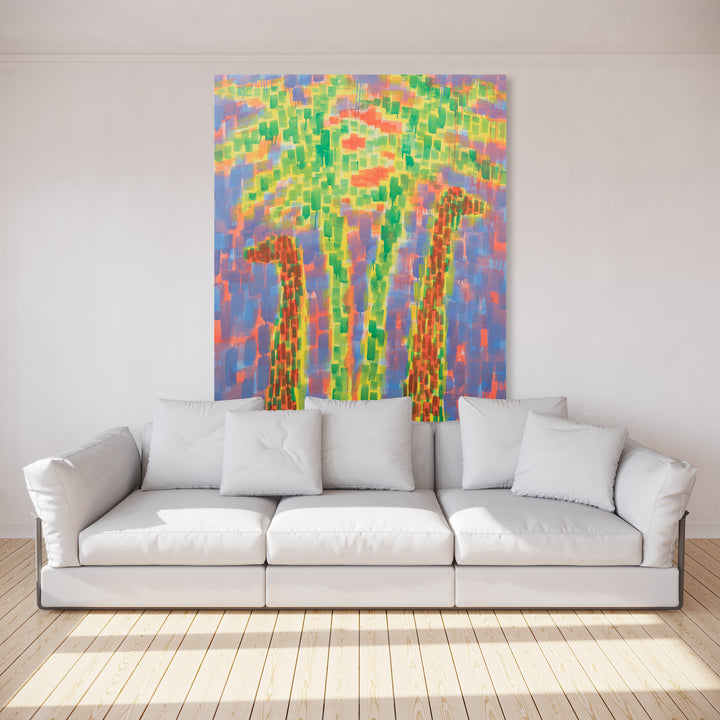 The artwork 'Dinos in Passing' by Til Will features vibrant pixelated dinosaur-like forms rendered in bright green, orange, and brown against a periwinkle blue background. The abstract composition shows three tall vertical forms suggesting prehistoric creatures, created with a mosaic-like pattern of small rectangular brushstrokes. Acrylic on canvas, 75x63 inches.