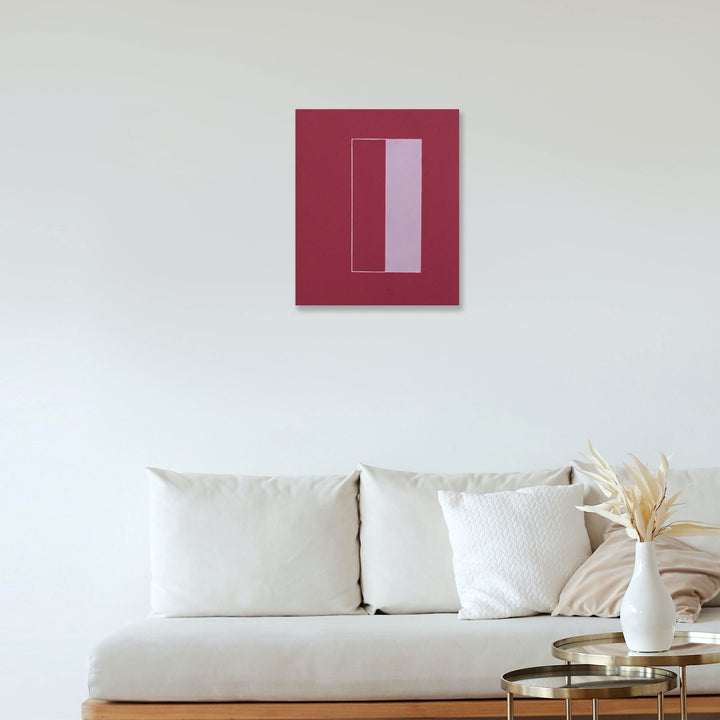 The artwork 'Duplicity' by Shyun Song features a minimalist geometric composition on a burgundy red canvas. A vertical white rectangle creates a striking contrast against the deep red background, with subtle line work suggesting depth and dimension. The piece demonstrates contemporary abstract style executed in oil paint on canvas.