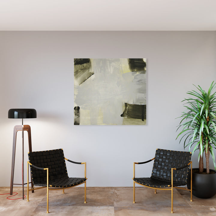 The artwork 'ECHO' by Barbara Groh features an abstract composition in muted tones, with olive green and black brush strokes framing the corners of a light gray central space. The acrylic painting on canvas creates a minimalist aesthetic with textural elements and subtle variations in opacity. Modern brushwork techniques emphasize negative space and dynamic tension across the 47x51 inch canvas.