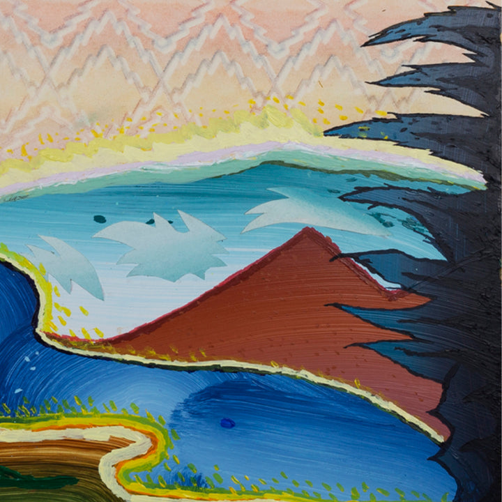 The artwork 'Elevendee' by Jack Wood features a vibrant abstract landscape with a bold terracotta mountain form against a turquoise sky. Dynamic brushstrokes in acrylic create sweeping waves of deep blue water, accented with yellow highlights and black jagged edges. The mixed-media piece combines spray paint textures and paper elements on a 24x24 inch panel.