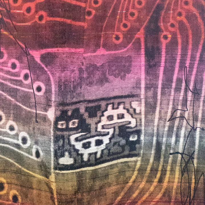 The artwork 'Encrypted' by Robin Kang features an abstract digital-inspired design with circuit-like patterns woven in jacquard technique. The composition transitions from warm orange to pink to cool blue tones, with geometric symbols resembling ancient glyphs or computer icons in the center. The textile artwork combines traditional weaving with modern technological motifs in cotton, tencel, and synthetic fibers.