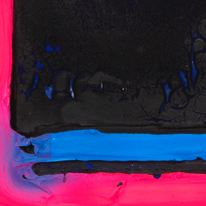 The artwork 'Epitaph' by Troy Medinis features bold contrasting stripes of vibrant neon pink and electric blue against a deep black background. The textural surface, created with spray paint and molding paste, shows dynamic drips and organic patterns. Abstract composition with sharp color boundaries and expressive layering techniques creates a striking modern aesthetic.