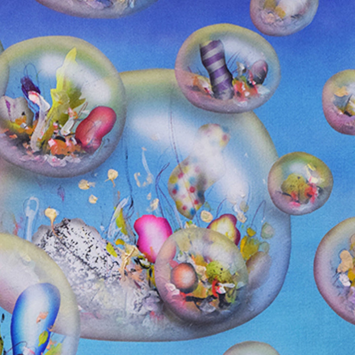 The artwork 'Everything All At Once' by Jon Duff features translucent bubbles floating against a vibrant blue background. Each sphere contains abstract colorful compositions with explosive splashes of pink, yellow, and white elements. The bubbles appear to be suspended in space, creating a dreamlike, surreal atmosphere. The acrylic on paper piece captures dynamic movement and whimsical energy through its floating organic forms.