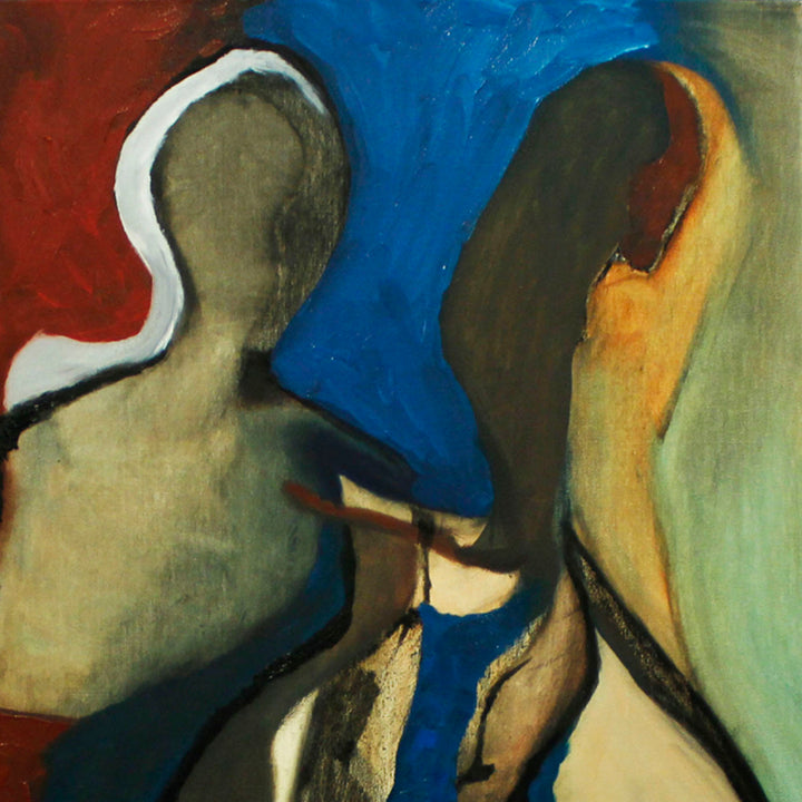 The artwork 'Favorite Descent' portrays abstract figures rendered in bold, expressive strokes against a vibrant background of deep blue, crimson red, and sage green. The composition features fluid, organic shapes with dynamic movement, created using acrylic and graphite on canvas. The painting's contrasting colors and gestural forms create a powerful emotional narrative by Lauren Orscheln.