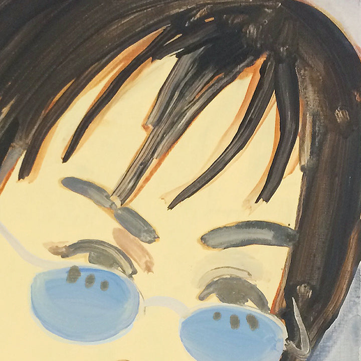 The artwork 'Faye' by Michelle Selwa features an expressive close-up portrait rendered in acrylic paint, showing stylized features including round blue glasses and dark bangs against a cream-colored background. The piece demonstrates a playful, manga-inspired aesthetic with bold brushstrokes and a warm color palette on hardboard panel.