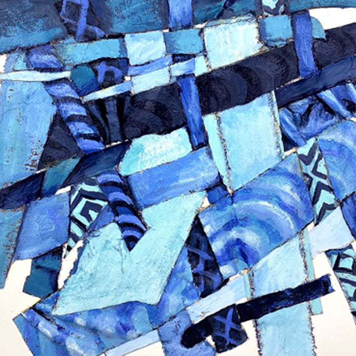 The artwork 'Feeling the Funk' by Christina Massey features a dynamic abstract composition in various shades of blue, from deep navy to light turquoise. Geometric shapes and angular fragments create a mosaic-like pattern, with layered acrylic paint and paper elements adding depth and texture. Bold diagonal lines intersect with curved forms, creating a rhythmic, cubist-inspired design.