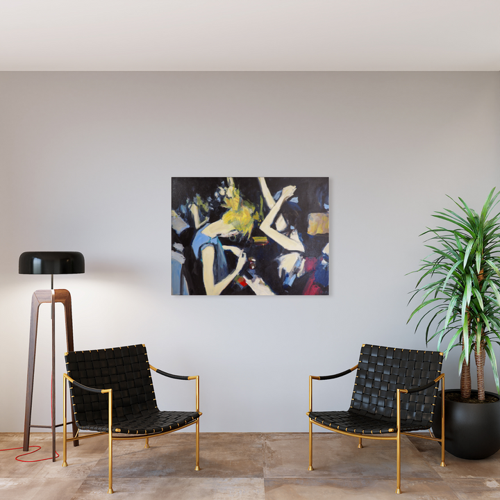 The artwork 'Free' by Chris Baily features dynamic abstract composition with bold brushstrokes in black, white, yellow, and blue. The acrylic painting on canvas showcases expressive movement through intersecting geometric shapes and fluid forms, creating a powerful contrast against a dark background. The 36x48 inch piece displays contemporary abstract expressionism with energetic gestural elements.