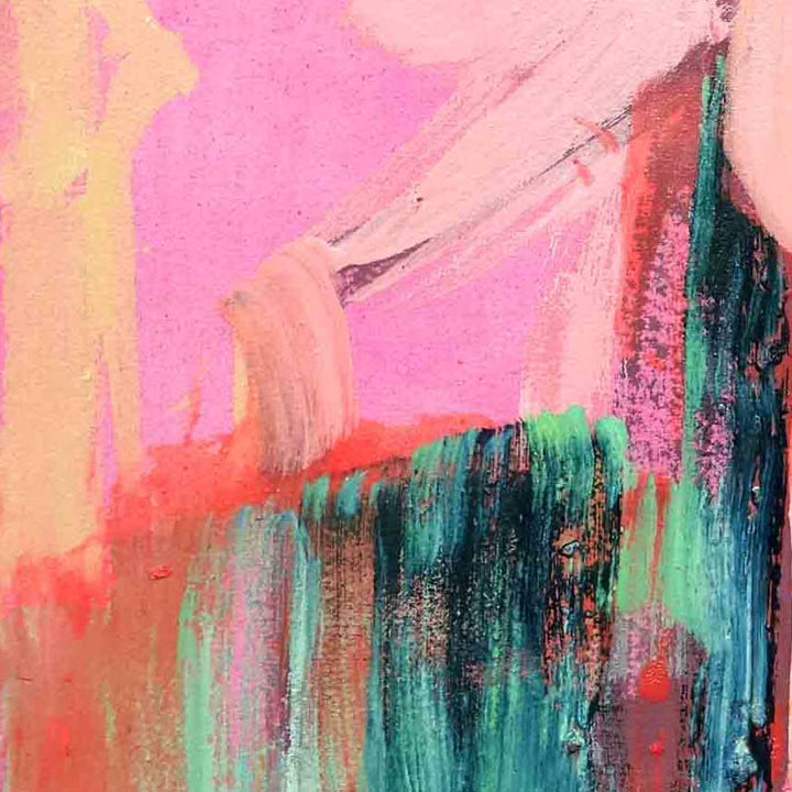 The artwork 'Free Verse' features vibrant abstract brushstrokes with cascading teal and emerald tones against a bold pink and coral background. Dynamic vertical strokes create a waterfall-like effect, while textured layering adds depth and movement. Oil on canvas painting showcases contemporary expressionist style with fluid color transitions and energetic composition. By Molly Herman.