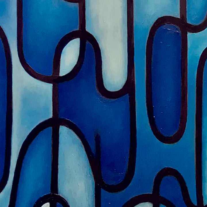 The artwork 'Fueled By The Highs and Lows' by Joe Piscopia features abstract flowing curves in deep navy blue against varying shades of azure and white. Bold black lines create rhythmic, wave-like patterns, suggesting movement and fluidity. The oil painting's smooth texture and organic shapes evoke a sense of natural harmony and dynamic energy.