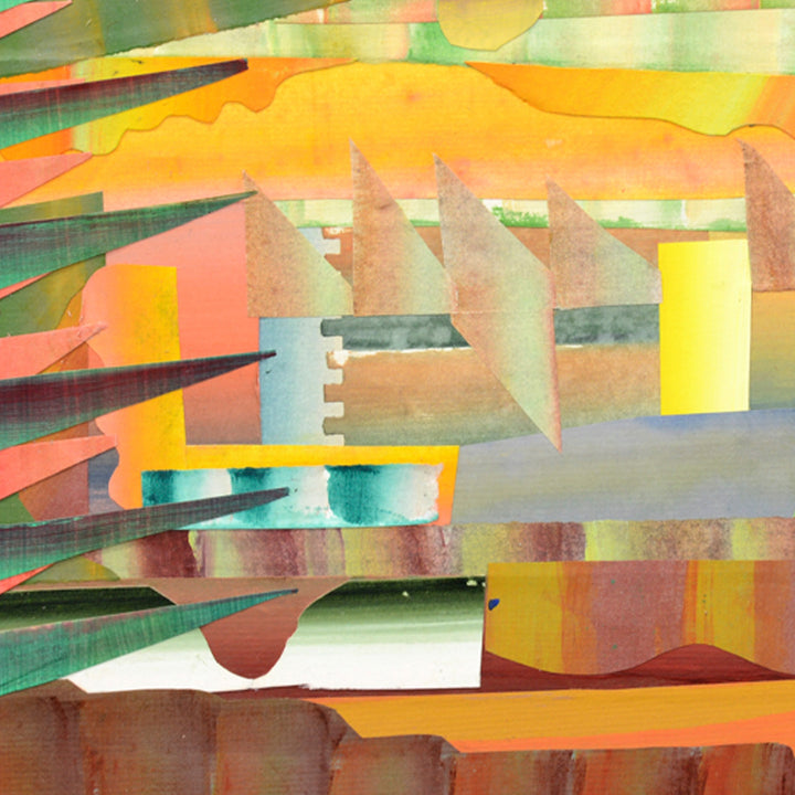 The artwork 'Gentler Journey' by Jack Wood features an abstract composition of layered geometric shapes in vibrant coral, yellow, and turquoise hues. Paper cutouts and acrylic create dynamic horizontal bands intersected by angular forms and organic curves, suggesting a modernist landscape with architectural elements. The 18x14 inch mixed media piece combines bold color blocking with subtle watercolor-like transitions.