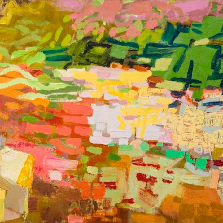 The artwork 'Glen' features vibrant abstract brushstrokes in a landscape-inspired composition. Bold coral pinks, emerald greens, and golden yellows blend harmoniously across the canvas. Dynamic impasto technique creates textural layers, suggesting rolling hills and natural formations through expressive oil paint application. The piece measures 41x72 inches by Molly Herman.