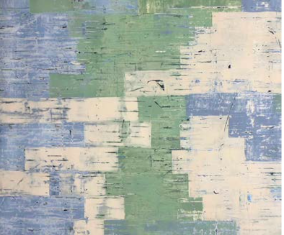 The artwork 'Green City' by Shira Toren features an abstract geometric composition with textured blocks in sage green, powder blue, and cream colors. The layered, weathered appearance suggests an urban landscape with a distressed, vintage aesthetic. The 36x30 inch print showcases a modern minimalist style with angular shapes and a deliberate patina effect.